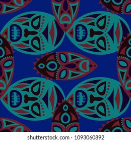 Vector Illustration. Indian Seamless Pattern with Color Masks for Card or Poster. Ethnic Seamless Background with Color Trible Ritual Masks for your Design. Vector Texture.