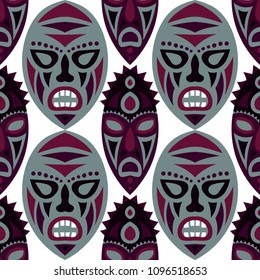 Vector Illustration. Indian Seamless Pattern with Color Masks for Poster or Banner. Ethnic Seamless Background with Color Trible Ritual Masks for your Design. Vector Texture.
