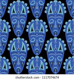Vector Illustration. Indian Seamless Pattern with Color Masks for Print or Card. Ethnic Seamless Pattern with Color Trible Shamanic Masks for your Design. Vector Texture.