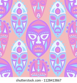 Vector Illustration. Indian Seamless Pattern with Color Masks for Card or Poster. Ethnic Seamless Pattern with Color Trible Shamanic Masks for your Design. Vector Texture.