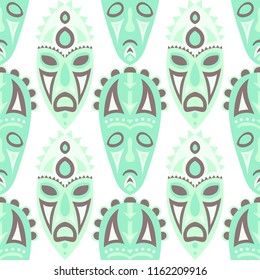 Vector Illustration. Indian Seamless Pattern with Color Masks for Print or Card. Ethnic Seamless Pattern with Color Trible Shamanic Masks for your Design. Vector Texture.
