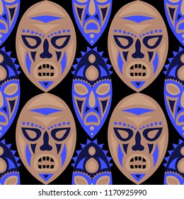 Vector Illustration. Indian Seamless Pattern with Color Masks for Textile or Paper. Ethnic Seamless Background with Color Trible Ritual Masks for your Design. Vector Texture.