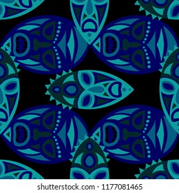 Vector Illustration. Indian Seamless Pattern with Color Masks for Print or Card. Ethnic Seamless Background with Color Trible Ritual Masks for your Design. Vector Texture.