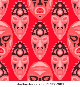 Vector Illustration. Indian Seamless Pattern with Color Masks for Print or Card. Ethnic Seamless Background with Color Trible Ritual Masks for your Design. Vector Texture.