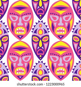 Vector Illustration. Indian Seamless Pattern with Color Masks for Poster or Banner. Ethnic Seamless Pattern with Color Trible Shamanic Masks for your Design. Vector Texture.