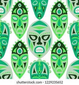 Vector Illustration. Indian Seamless Pattern with Color Masks for Poster or Banner. Ethnic Seamless Background with Color Trible Ritual Masks for your Design. Vector Texture.