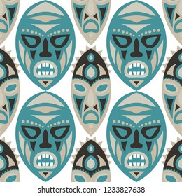 Vector Illustration. Indian Seamless Pattern with Color Masks for Card or Poster. Ethnic Seamless Background with Color Trible Ritual Masks for your Design. Vector Texture.