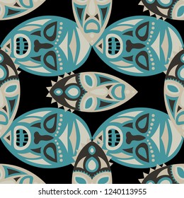 Vector Illustration. Indian Seamless Pattern with Color Masks for Card or Poster. Ethnic Seamless Background with Color Trible Ritual Masks for your Design. Vector Texture.