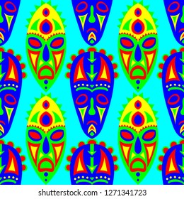 Vector Illustration. Indian Seamless Pattern with Color Masks for Card or Poster. Ethnic Seamless Pattern with Color Trible Shamanic Masks for your Design. Vector Texture.
