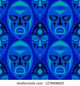 Vector Illustration. Indian Seamless Pattern with Color Masks for Textile or Paper. Ethnic Seamless Pattern with Color Trible Shamanic Masks for your Design. Vector Texture.