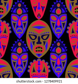 Vector Illustration. Indian Seamless Pattern with Color Masks for Card or Poster. Ethnic Seamless Pattern with Color Trible Shamanic Masks for your Design. Vector Texture.