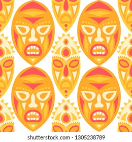 Vector Illustration. Indian Seamless Pattern with Color Masks for Print or Card. Ethnic Seamless Pattern with Color Trible Shamanic Masks for your Design. Vector Texture.