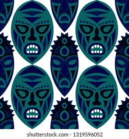Vector Illustration. Indian Seamless Pattern with Color Masks for Textile or Paper. Ethnic Seamless Pattern with Color Trible Shamanic Masks for your Design. Vector Texture.