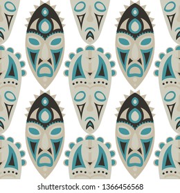 Vector Illustration. Indian Seamless Pattern with Color Masks for Textile or Paper. Ethnic Seamless Pattern with Color Trible Shamanic Masks for your Design. Vector Texture.