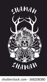 vector illustration of an Indian shaman totem skull in a headdress of feathers