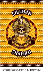 vector illustration of an Indian shaman totem skull in a headdress of feathers