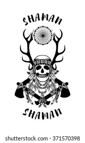 vector illustration of an Indian shaman totem skull in a headdress of feathers