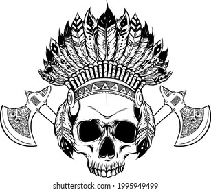 Ilustración vectorial del cráneo indio y el tomahawk