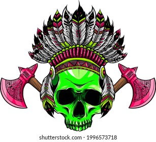 Vector illustration of Indian skull and tomahawk