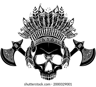 Vector illustration of Indian skull and tomahawk