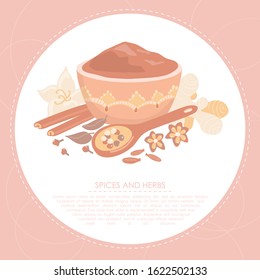 Vector illustration Indian spices. Wooden bowl and spoon with different condiment and herbs. Set of hand drawn doodle elements on white background. Healthy eating and Ayurveda card design.