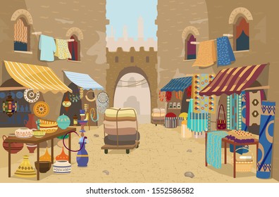 Vector illustration of Indian street bazaar with different shops: ceramics, carpets and fabrics, spices, jewelry. Asian street market with authentic goods. Local trade. Traditional crafts.