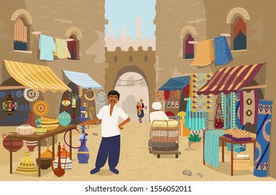 Vector illustration of Indian street bazaar with people and shops: ceramics, carpets and fabrics, spices, jewelry. Asian street market with authentic goods. Local trade. Indian merchant. 