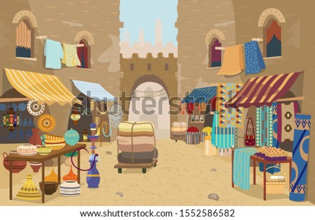 Vector illustration of Indian street bazaar with different shops: ceramics, carpets and fabrics, spices, jewelry. Asian street market with authentic goods. Local trade. Traditional crafts.