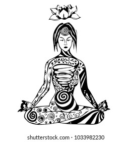 Vector illustration in indian style. Zen art illustration. Girl in yoga asana.