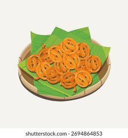 Vector illustration of Indian sweets, Jalebi or Jilebi served with banana leaves on bamboo plate 