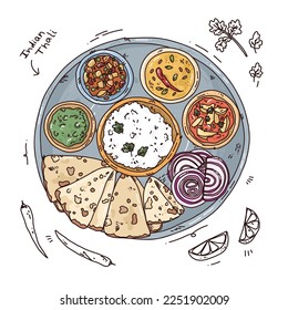 vector illustration of Indian thali and vegetables, outline fresh Indian food. cartoon illustration