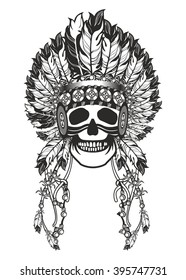 vector illustration Indian totem skull headdress with feathers