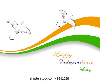 Vector illustration of Indian tricolor flag with flying pigeon on white isolated background for Republic Day and Independence Day.