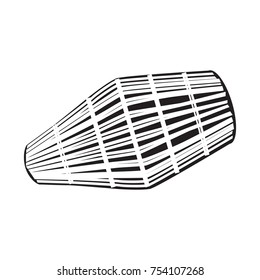 Vector illustration of indian two-sided drum khol played with palms and fingers of both hands. Black template.