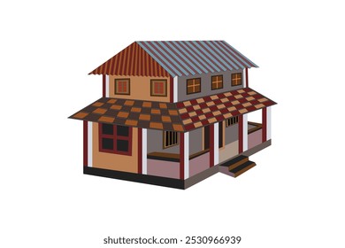 Vector illustration of Indian village cottage. Artistic shading roof, balcony, stairs, window, and door - suitable for traditional house design cartoon animation background