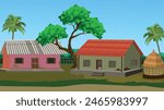 Vector illustration of a Indian Village road with house compound , hut, trees,fench and bushes beside a dirt zigzag road beneath a blue sky