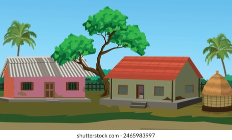 Vector illustration of a Indian Village road with house compound , hut, trees,fench and bushes beside a dirt zigzag road beneath a blue sky