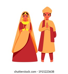 Vector Illustration Of Indian Wedding Couple Doing Namaste On White Background.