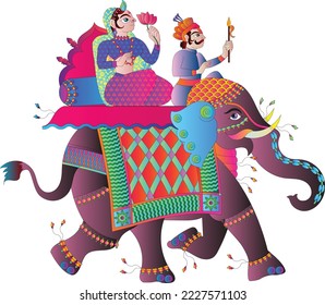 vector illustration of an Indian wedding invitation card, bride on elephant back in the procession 'Baraat' in Hindi means a groom's wedding procession in India and Pakistan. ... 