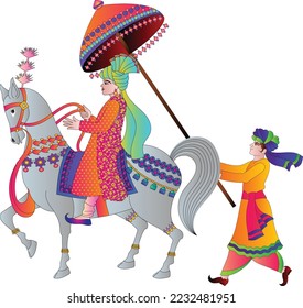 vector illustration of an Indian wedding invitation card, bride on elephant back in the procession 'Baraat' in Hindi means a groom's wedding procession in India and Pakistan.