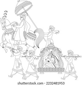 vector illustration of an Indian wedding invitation card, bride on elephant back in the procession 'Baraat' in Hindi means a groom's wedding procession in India and Pakistan.