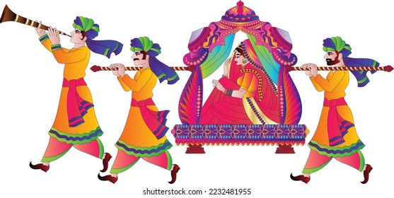 vector illustration of an Indian wedding invitation card, bride on elephant back in the procession 'Baraat' in Hindi means a groom's wedding procession in India and Pakistan.