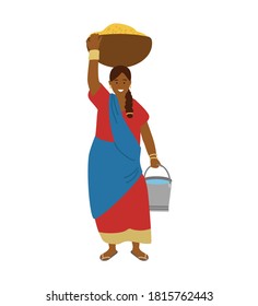 Vector Illustration Of Indian Woman Farmer Carrying Bowl With Wheat Grains On Head And Bucket of Water. Tradirional Agriculture, Manual Labor.