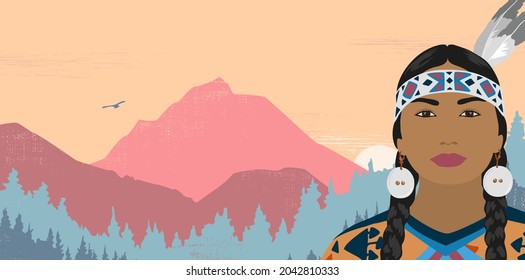Vector illustration of an Indian woman in a national costume.Portrait of native American women on the background of wooded mountains.