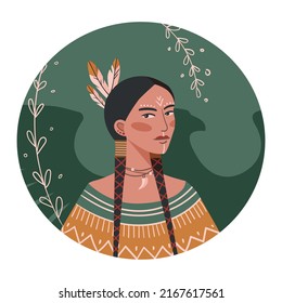 Vector illustration an Indian woman in national costume Portrait an Indian woman green background  Avatar an Indian woman in flat style