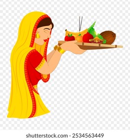 Vector illustration of Indian woman performing Chhath Puja ritual on transparent background