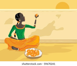 vector illustration of an indian woman selling oranges by the roadside under a setting sun