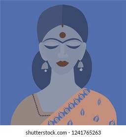 Vector  illustration of Indian woman  in traditional clothes sari and dupatta