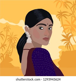 Vector  illustration of Indian woman  in traditional clothes sari and dupatta