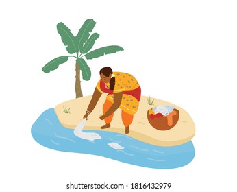 Ilustración Vectorial De La Mujer India En Ropa Tradicional Haciendo Lavandería En El Río. Lavado de manos. Aislado En Blanco.